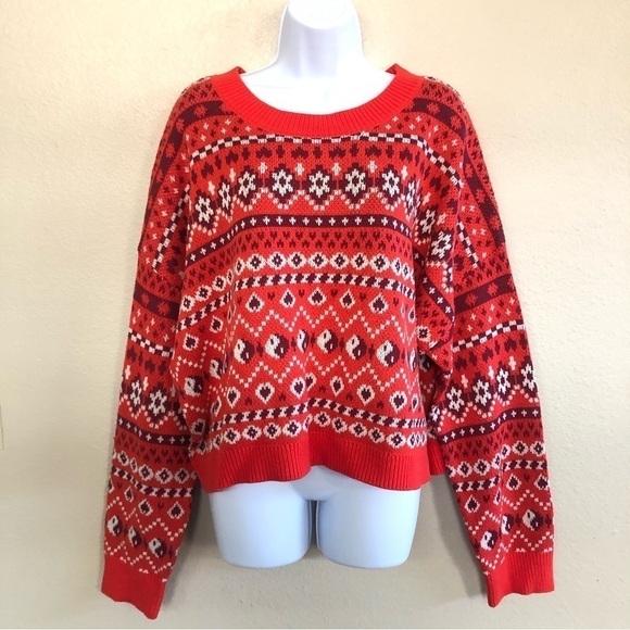 NWT BP. Crafted Cropped Sweater In Red Scarlet Holiday Fairisle  Plus Size 3X - Picture 1 of 11